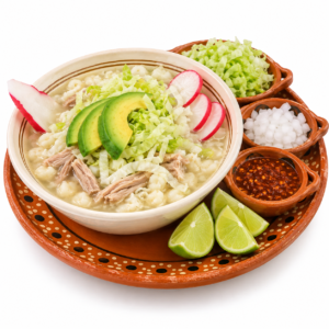Pozole blanco con guarniciones mexicanas