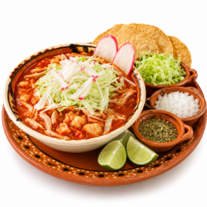 Pozole mexicano con guarniciones tradicionales